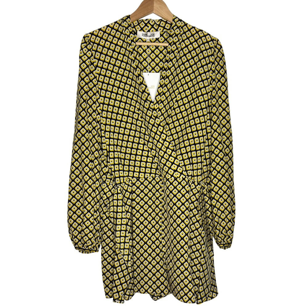 Diane von Furstenberg Silk Yellow Black Geometric Print‎ Long Sleeve Romper Sz L - Picture 11 of 11